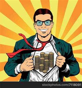 Super hero male businessman pop art retro illustration. Man with currency under his shirt. Strong Businessman in glasses in comic style. Success concept.