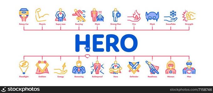 Super Hero Minimal Infographic Web Banner Vector. Hero Super man Silhouette And Woman, Face Mask And Muscle Power Concept Illustrations. Super Hero Minimal Infographic Banner Vector