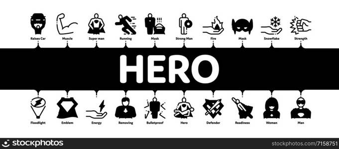 Super Hero Minimal Infographic Web Banner Vector. Hero Super man Silhouette And Woman, Face Mask And Muscle Power Concept Illustrations. Super Hero Minimal Infographic Banner Vector