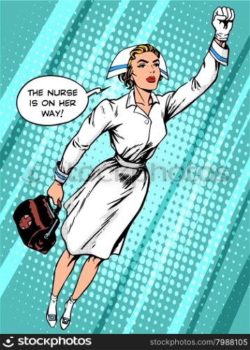 Super hero nurse flies to the rescue pop art retro style. Super hero nurse flies to the rescue