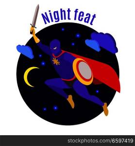 Super hero with sword and shield during night activity on dark background isometric vector illustration. Super Hero Night Activity Illustration
