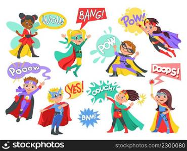 Super kids with comic speech bubbles. Cute children with color capes and masks. Funny brave boys and girls characters in costumes. Superheroes standing in heroic poses. Vector cartoon young heroes set. Super kids with comic speech bubbles. Children with color capes and masks. Funny brave boys and girls characters in costumes. Superheroes standing in heroic poses. Vector young heroes set