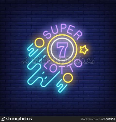 Super lotto neon sign. Ball with figure of seven, circles and star on brick wall background. Night bright advertisement. Vector illustration in neon style for lottery banner