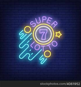 Super lotto neon sign. Ball with figure of seven, circles and star on brick wall background. Night bright advertisement. Vector illustration in neon style for lottery banner