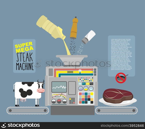 Super mega steak machine. Automatic line for production of meat products beef. Without frying in a pan. Ingredients: Cow, butter, salt and pepper. Infographics Concept production system for cooking