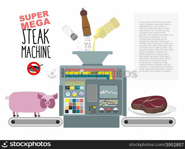 Super mega steak machine. Manufacturing system for release of meat. No need to fry in a pan. Fill with oil, salt and pepper. Manufacture of fried pieces of meat from pigs. Concept of automated mechanism for cooking. Vector illustration
