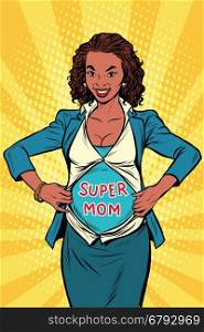 Super mom African businesswoman, pop art retro comic book vector illustration. Motherhood and pregnancy