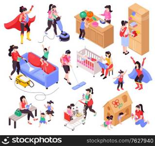 Super mom vacuum cleaning working with babies shopping playing with toddlers cooking with kids isometric set vector illustration