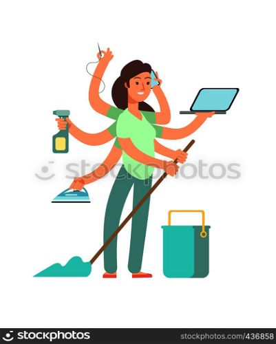 Super mom vector concept. Stressed mother in business and housework activities. Mother housework, mom busy multi tasking illustration. Super mom vector concept. Stressed mother in business and housework activities
