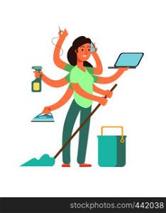 Super mom vector concept. Stressed mother in business and housework activities. Mother housework, mom busy multi tasking illustration. Super mom vector concept. Stressed mother in business and housework activities