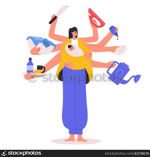 Super multitasking housewife, busy mom cleaning and cooking. Super mom, busy multitasking housewife does several tasks vector illustration. Busy housewife holding baby, laundry and watering can. Super multitasking housewife, busy mom cleaning and cooking. Super mom, busy multitasking housewife does several tasks vector illustration. Busy housewife