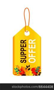 Super offer, sticker with text s&le in different colors and leaves as decoration on bottom of it, icon on vector illustration isolated on white. Super Offer with Leaves on Vector Illustration