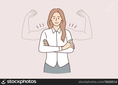 Super power of woman concept. Young smiling woman cartoon character standing with hands crossed and muscle strong biceps hands as shadow vector illustration . Super power of woman concept.