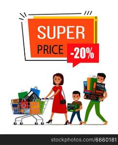 Super price -20% off, promotional poster representing family, consisting of father, mother and son, shopping together on vector illustration. Super Price -20% Off Poster on Vector Illustration
