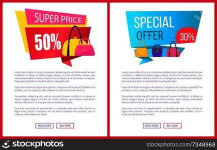 Super price 50 off special offer 30 discount advertisement labels with bags, sale fashionable accessories for woman on web posters vector set. Super Price 50 Off Special Offer Discount Advert