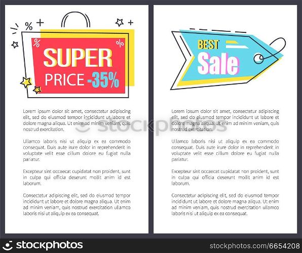 Super price best sale promo sticker in bag shape frame arrow pointer 35  discount offer vector illustration posters set isolated labels and place for text. Super Price Best Sale Promo Stickers Bag Arrow Set