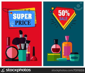 Super price for makeup tools and cosmetics posters. Professional beauty means vector illustrations on half price announcement promotional banners.. Super Price for Makeup Tools and Cosmetics Posters