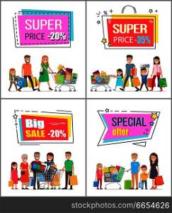 Super price off up to 30% commercial posters set. Big families out on shopping with full trolleys crowded with purchases vector illustrations.. Super Price Off up to 30% Commercial Posters Set