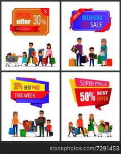 Super price offer discount week best cost, sale label on poster with family on shopping. Parents and child carrying trolley full of gifts vector set. Super Price Offer Discount Week Best Cost, Sale