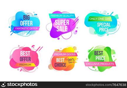 Super price reduction vector, discounts and special offers of shops, premium goods promotion and marketing of products, clearance and deal of stores. Super Sales and Discounts of Shops Banners Set