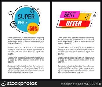 Super price round promo sticker in circle shape 50  half price discount best offer vector illustration isolated labels on white, posters and text. Super Price Round Promo Sticker in Circle Shape 50