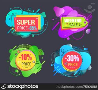 Super price sale set, weekend sale, 10, 30, 35 percent off offer, liquid geometrical abstract and vector shapes, discount offer price signs and tags. Super Sale Set Special Price Discount Offer Vector