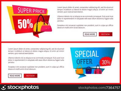 Super price special offer discount advertisement labels with bags, sale fashionable accessories for women on web posters vector online banners set. Super Price Special Offer Discount Advert Label