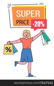 Super price vector, banner with text and discount percentage. Happy shopper with bought items from shops. Lady using discounts at stores buying items on special offer. 20 Percent off reduction. Super Price 20 Percent Off Lowering of Cost Vector