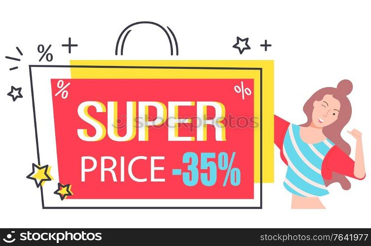 Super price vector, handbag with handle and stars. Lowering of cost, shops and store reduction. Girl with happy face expression discount clearance. Super Price 35 Percent Woman Happy Customer Vector
