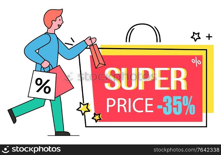 Super price vector, isolated banner in form of bag with handle. Man carrying packages with purchases, exclusive offer 35 percent off reduction of price. Male using clearance and deal of shop. Super Price Banner with Person Carrying Bags Vector