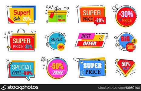 Super price with best offer promotional logotypes with percentage of discount and huge attractive signs inside geometric shapes vector illustrations.. Super Price with Best Offer Promotional Logotypes