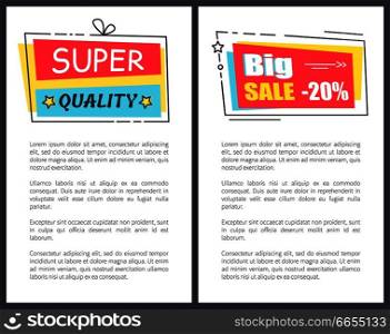 Super quality big sale promo stickers in square shape frames discount sale offer vector illustration in blue and red colors isolated labels on posters. Super Quality Promo Sticker Frames on Poster Text