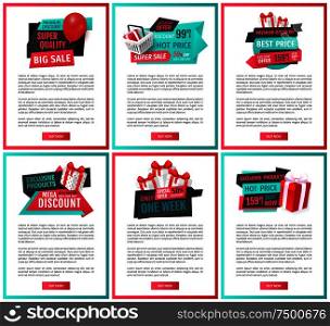 Super quality of products, big sales of shops web with text vector. Present boxes with balloons and shopping basket. Special proposition and clearance. Super Quality of Products, Big Sales of Shops Web