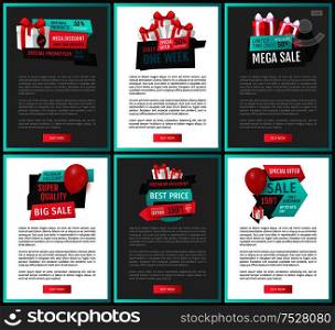 Super quality products, only tomorrow web pages vector. 50 percent reduction, discount on presents and balloons. Gifts clearance, store promotion. Super Quality Products, Only Tomorrow Web Pages