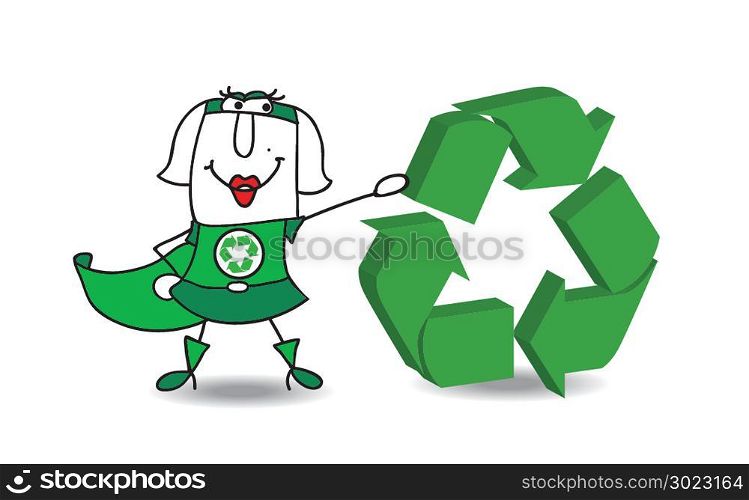 Super recycling woman with a recycling sign. Save the earth