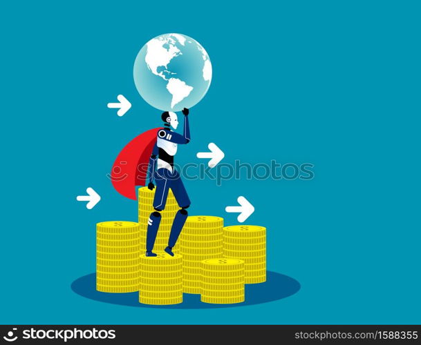 Super robot stand on money. Concept technology vector illustration, Financial, Finance and economy.