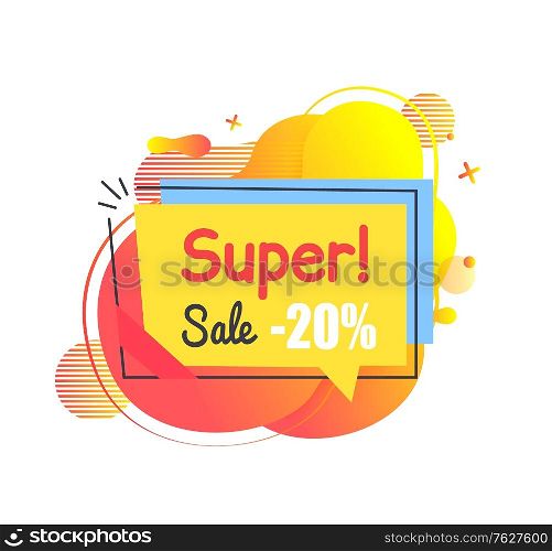 Super sale, 25 percents discount, abstract liquid shape or bright spot with geometric promotion, yellow advertising icon, ad offer decoration vector. Ad Icon with Super Sale and Discount, Label Vector
