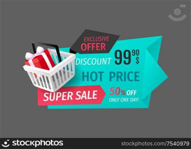 Super sale, 50 percent off, best offer isolated banner vector. Shopping basket with purchased gift, present with ribbon bow. Clearance sellout of goods. Super Sale, 50 Percent Off, Best Offer Banner
