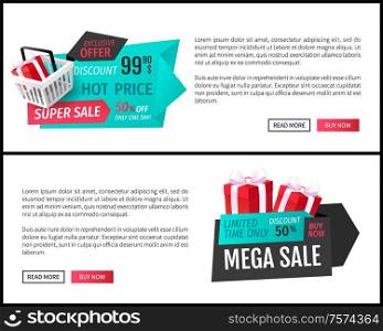 Super sale, 50 percent off, best offer web page push buttons vector. Shopping basket with purchased gift, present, ribbon bow. Clearance sellout of goods. Super Sale, 50 Percent Off, Best Offer Banner