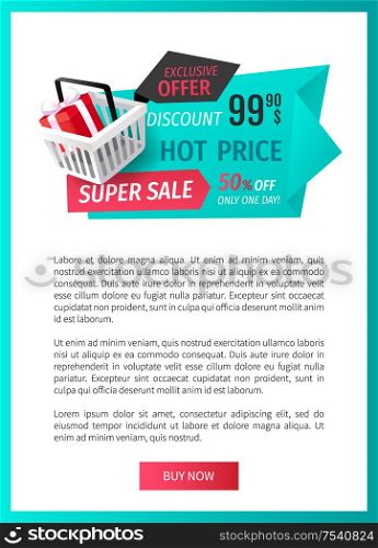 Super sale, 50 percent off, best offer web page template vector. Shopping basket with purchased gift, present with ribbon bow. Clearance sellout of goods. Super Sale, 50 Percent Off, Best Offer Banner