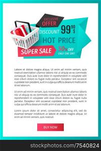Super sale, 50 percent off, best offer web page template vector. Shopping basket with purchased gift, present with ribbon bow. Clearance sellout of goods. Super Sale, 50 Percent Off, Best Offer Banner