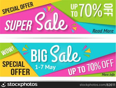 Super Sale and Big Sale Banners. Super sale and big sale rectangle banners, special offer, 70% off, vector eps10 illustration