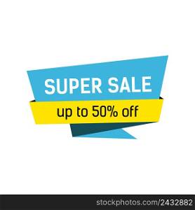 Super sale and fifty percent off lettering on origami speech bubble. Inscription can be used for leaflets, posters, banners.