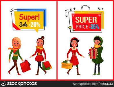 Super sale and offer, reduced price banners set vector. Woman shopping for Christmas, bought presents, gift boxes decorated with ribbon tape bows. Super Sale and Offer, Reduced Price Banners Set