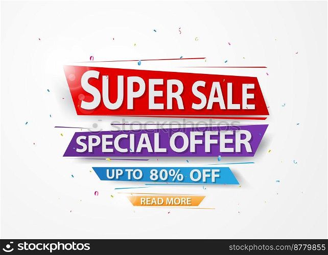 Super Sale and special offer with colorful paper and confetti 