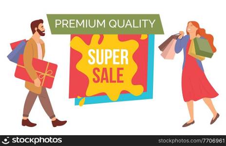 Super sale announcement. Premium quality products in the store. Girl with shopping bags is smiling happily during the sale. Male character is buying presents. Couple buys gifts for the holiday. Super sale announcement. Premium quality products in the store. Couple buys gifts for the holiday