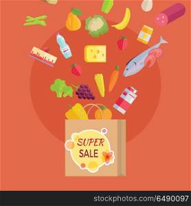 Super Sale at Grocery Conceptual Banner. Paper Bag. Super sale at grocery conceptual banner. Paper bag and food products falling into the bag. Big sale at the supermarket. Best price on fruits, vegetables, dairy, meat and fish. Big sale offer. Vector