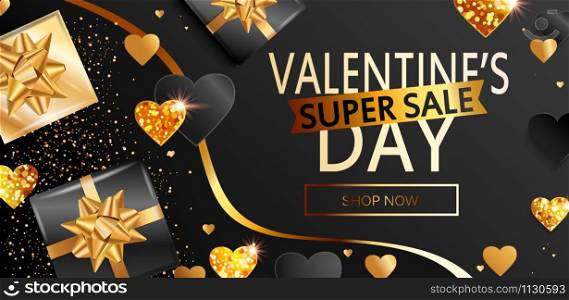 Super sale banner for Valentines days.Shop now and get discounts.Gold and black poster with glitters, shiny hearts, gifts,shimer.Template for flyer, invitation for february 14.Vector illustration.. Super sale banner for Valentines days.
