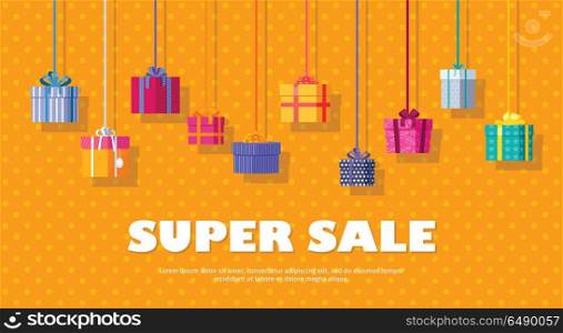 Super Sale Banner with Gift Boxes. Big Discounts. Super sale banner with gift boxes. Christmas sale conceptual banner. Gift boxes with fashionable ribbons and bows on orange background. Big discounts on goods before holidays. Present box icons. Vector