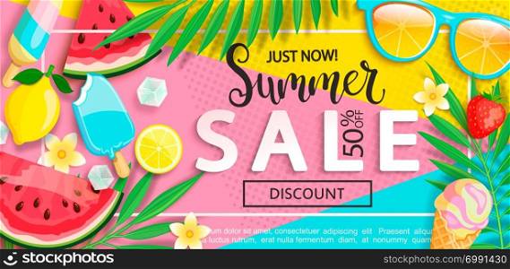 Super sale banner with symbols for summer time such as ice cream,watermelon,strawberries,glasses.Vector illustration of discount template card, wallpaper,flyer,invitation, poster,brochure,voucher.. Super sale banner with summer symbols.